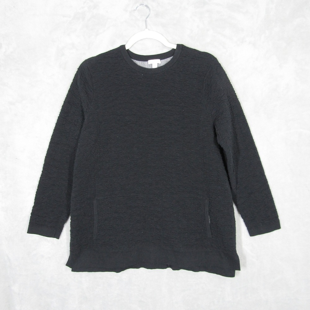 Pure J. Jill Black Textured Sweatshirt M Cotton Pullover Tunic Sweater Pockets